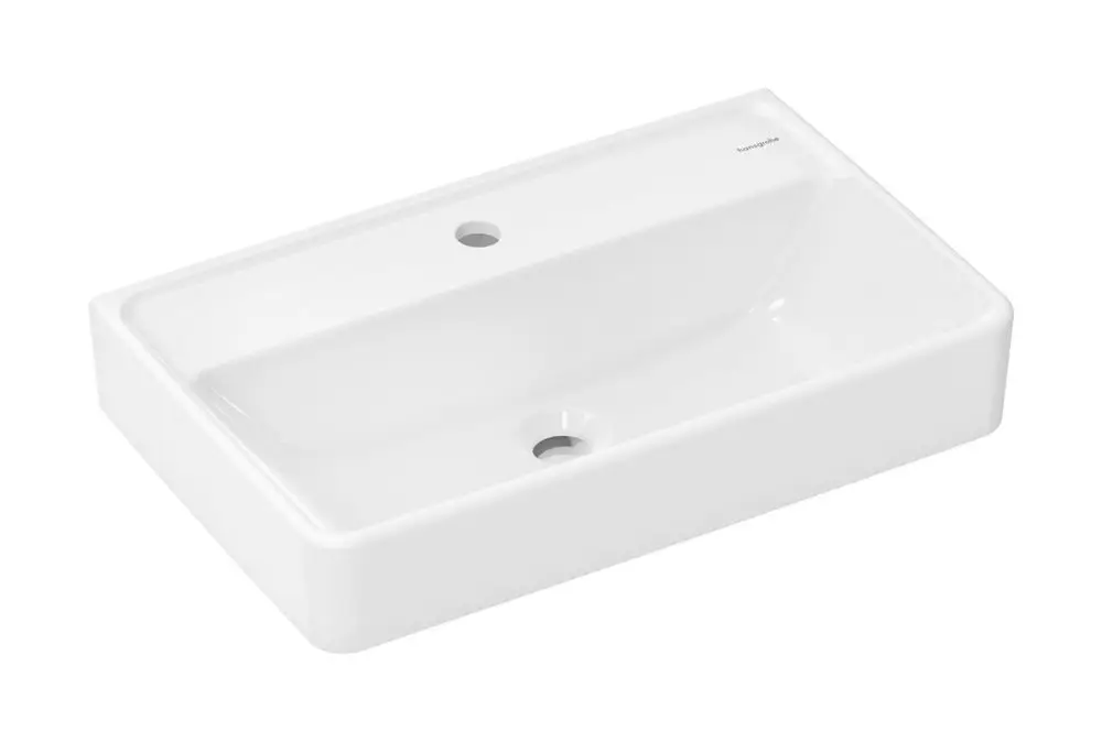 Weißer Waschtisch mit rechteckiger Form, einem Hahnloch und ohne Überlauf. Produkt von Hansgrohe, mit glatter Oberfläche und einfacher Einbauoption.